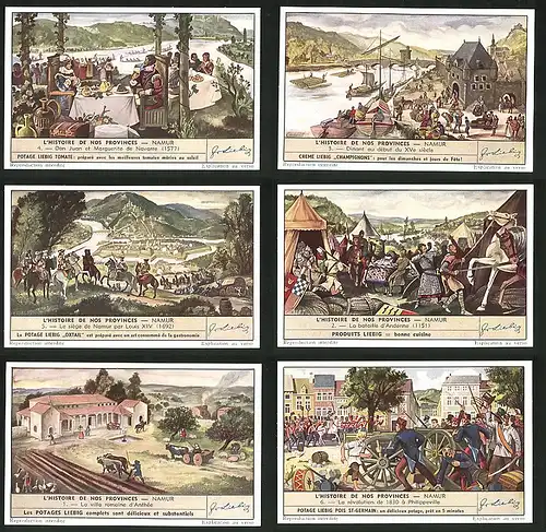 6 Sammelbilder Liebig, Serie Nr. 1550: L`Historie de nos Provinces - Namur, Révolution, Viehzucht, Schiffe, König