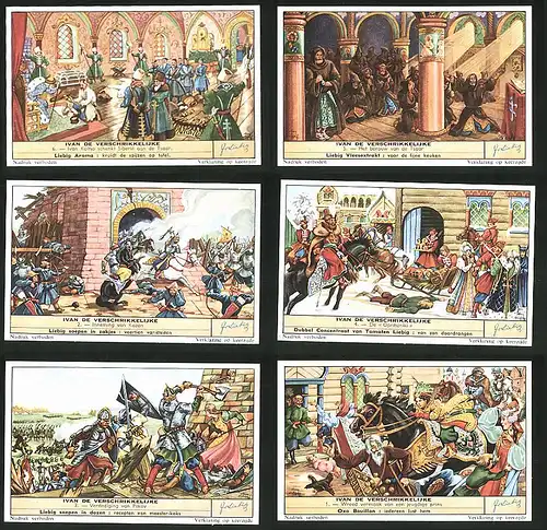 6 Sammelbilder Liebig, Serie Nr. 1646: Ivan de Verschrikkelijke, Ritter, Schwert, Schild, Händler, Schnee, Gott