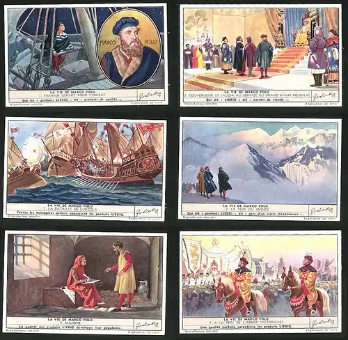 6 Sammelbilder Liebig, Serie Nr. 1431: La vie de Marco Polo, Gefängnis, Schiffe, König, Berge