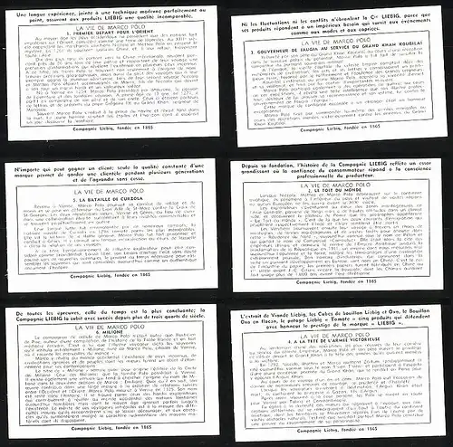 6 Sammelbilder Liebig, Serie Nr. 1431: La vie de Marco Polo, Gefängnis, Schiffe, König, Berge