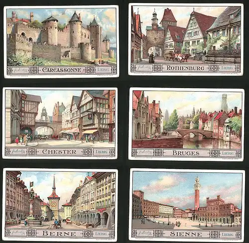6 Sammelbilder Liebig, Serie Nr. 1311: Sienne, Berne, Brugesm Chester, Rothenburg, Carcassonne
