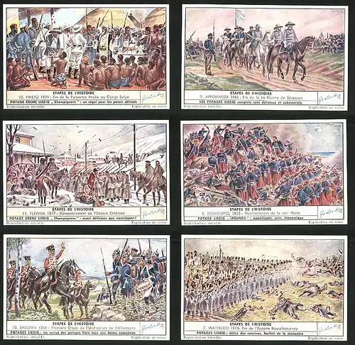 6 Sammelbilder Liebig, Serie Nr. 1555: Etapes de l`Histoire, Waterloo, Sadowa, Sebastopol, Plewna, Appomatox, Pweto