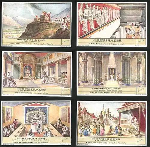 6 Sammelbilder Liebig, Serie Nr. 1654: Representations de la Divinite, Bouddha, Mithra, Horus, Osiris, Isis, Iran, Gréce