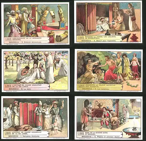 6 Sammelbilder Liebig, Serie Nr. 1234: Bouddha, Enfance miraculeuse, Départ pour l`apostolat, Les tentations
