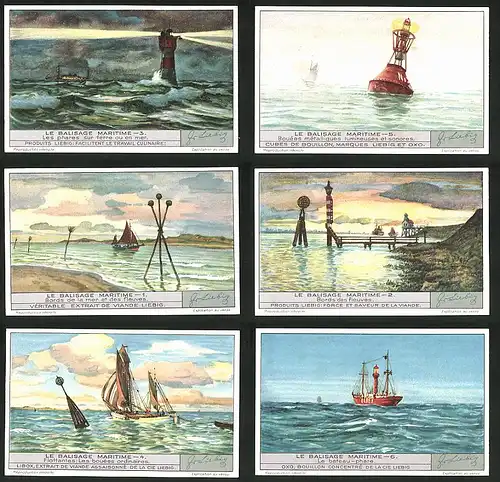 6 Sammelbilder Liebig, Serie Nr. 1343: Le Balisage Maritime, Boje, Leuchtturm, Schiff, Steg, Wellen, Bake