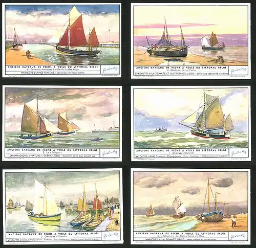 6 Sammelbilder Liebig, Serie Nr. 1583: Anciens Bateauc de Peche a Voile du Littoral Belge, Schuiten, Ostende, Schipje