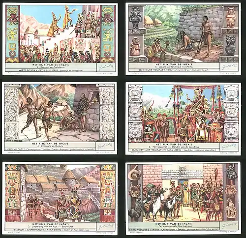 6 Sammelbilder Liebig, Serie Nr. 1591: Het Rijk van de Inca's, Gottesdienst, Bouwkunst, Chasqui`s en Quipu`s