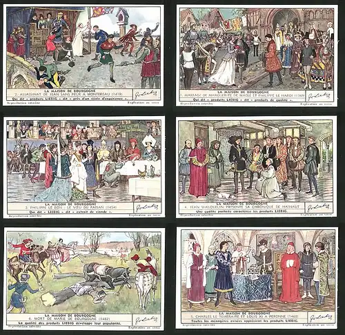 6 Sammelbilder Liebig, Serie Nr. 1513: La Maison de Bourgogne, Philippe le Bon, Mort de Marie de Bourgogne