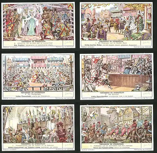 6 Sammelbilder Liebig, Serie Nr. 1682: Tornooien en Steekspelen, Ritterhelme, Hochzeit, König, Turnier