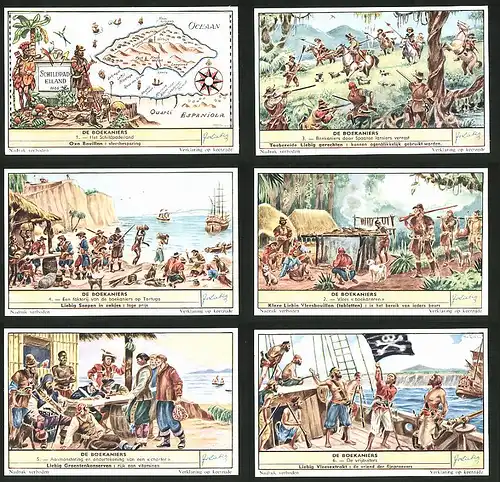 6 Sammelbilder Liebig, Serie Nr. 1684: De Boekaniers, Piraten, Vlees Boekaneren, Sklaven, Schlacht, Het Schildpadeiland