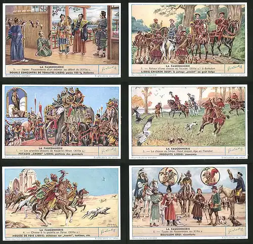 6 Sammelbilder Liebig, Serie Nr. 1585: La Fauconnerie, Koubilai-Khan, Japan, Boitsfort, Fauconniers, Gazelle
