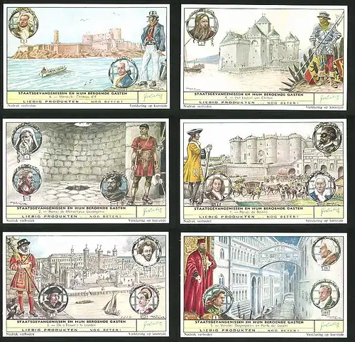 6 Sammelbilder Liebig, Serie Nr. 1735: Staatsgebangenissen en hun Beroemde Gasten, London, Paris, Rom, Marseille