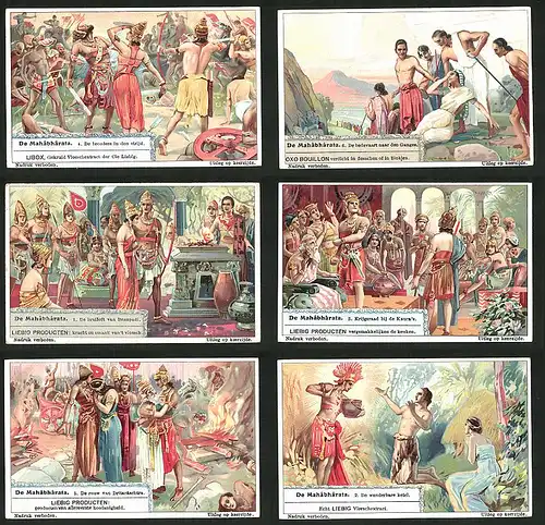 6 Sammelbilder Liebig, Serie Nr. 1247: De Mahâbhârata, De wonderbare ketel, De rouw van Dritaraschtra, Bogen