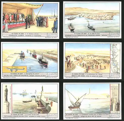 6 Sammelbilder Liebig, Serie Nr.: 1561, Le Canal de Suez, Suezkanal, Sultan, Dampfer