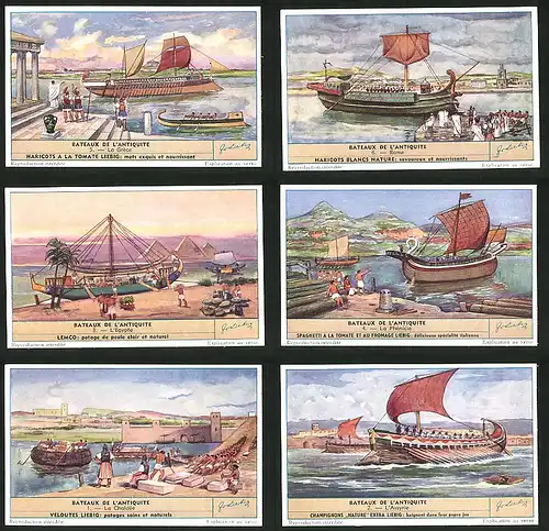 6 Sammelbilder Liebig, Serie Nr.: 1584, Bateaux de l`Antiquite, Segelschiff, Rom, Pyramiden