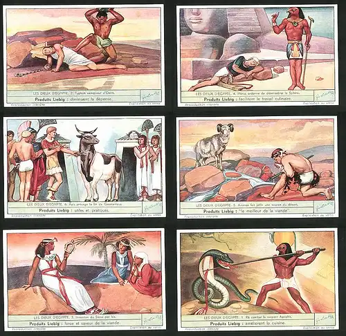 6 Sammelbilder Liebig, Serie Nr.: 1374, Les Dieux d`Egypte, Schlange, Ammon, Horus, Germanicus, Typhon, Osiris, Sphinx