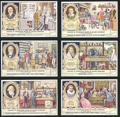 6 Sammelbilder Liebig, Serie Nr.: 1602, Savants et Inventeurs Belges de Grand Renommee, Baekeland, Helmont, Solvay