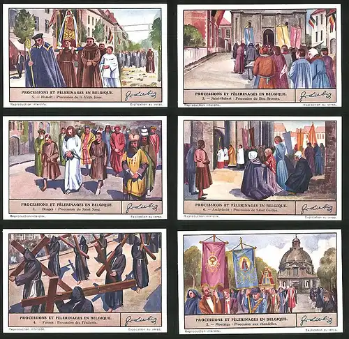 6 Sammelbilder Liebig, Serie Nr.: 1341, Processions et Pelerinages en Belgique, Montaigu, Furnes, Anderlecht, Bruges