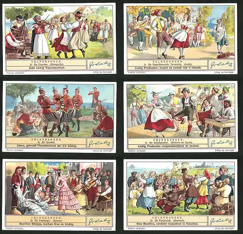 6 Sammelbilder Liebig, Serie Nr.: 1333, Volksdansen, Koejawiak, Fandango, Schuhplattler, Scottish, Tarantella, Czardas