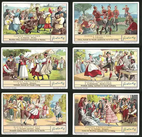 6 Sammelbilder Liebig, Serie Nr.: 1333, Danses Populaires, Fandango, Tarantelle, Schuhplattler, Czardas, L`Ecossaise