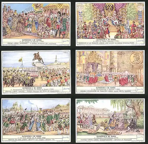 6 Sammelbilder Liebig, Serie Nr.: 1587, Catherine II de Russie, St. Petersburg, Moscou, Pierre le Grand, Taurique