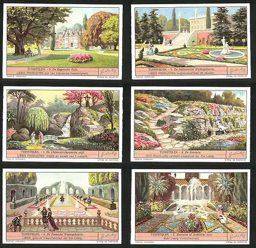 6 Sammelbilder Liebig, Serie Nr.: 1336, Tuinstijlen, Moorsche, Fransche Wedergeboorte, Rotstuin, Chineesch-Japansche