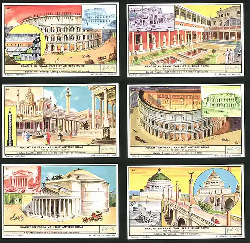 6 Sammelbilder Liebig, Serie Nr.: 1662, Pracht en Praal van het Antieke Rome, Hadrianus, Pantheon, Marcellus, Trajanus