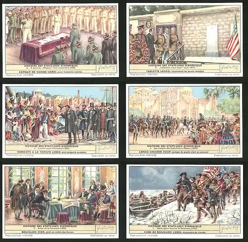 6 Sammelbilder Liebig, Serie Nr.: 1659, Histoire des Etats-Unis d`Amerique, Washington, Mexico, Lincoln, Richmond