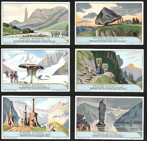 6 Sammelbilder Liebig, Serie Nr.: 1253, Rochers Bizarres, femme pleurante, Sierra Nevada, Sesia, Alpes, Tandil, Sixt