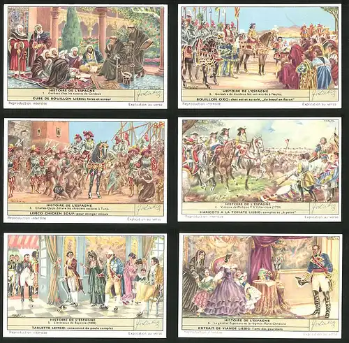 6 Sammelbilder Liebig, Serie Nr.: 1658, Histoire de l`Espagne, Marie-Christine, Espartero, Victoire de Philippe V