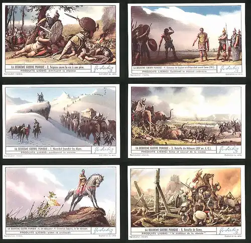 6 Sammelbilder Liebig, Serie Nr.: 1406, La Deuxieme Guerre Punique, Zama, Cornelius Scipion, Metaure, Hannibal
