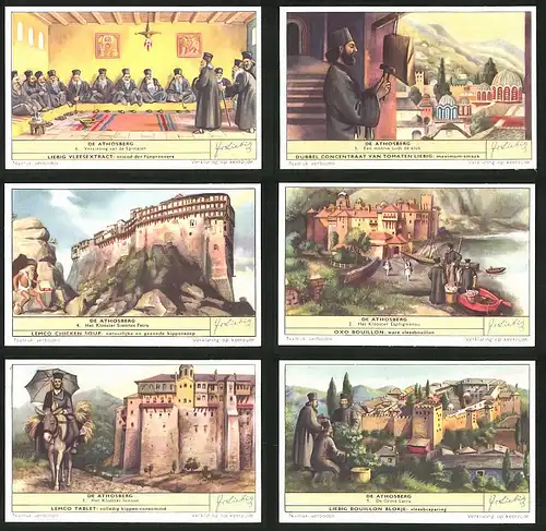 6 Sammelbilder Liebig, Serie Nr.: 1651, de Athosberg, grote Lavra, Klooster Iviroon, Esphigmenou, Simonos Petra, Mönche