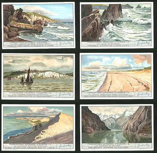 6 Sammelbilder Liebig, Serie Nr.: 1316, Formations cotieres d`Europe, Troldfjord, Kurische Nehrung, belgo-hollandais