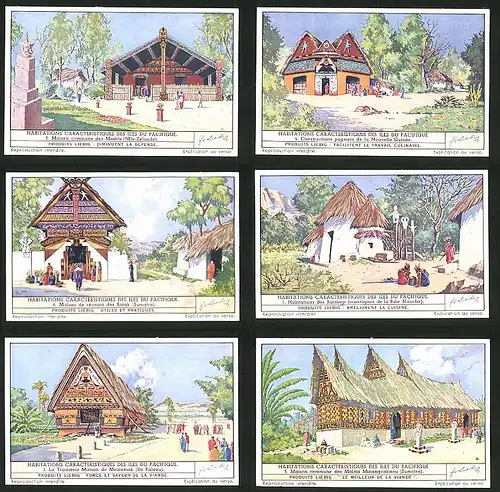 6 Sammelbilder Liebig, Serie Nr.: 1390, Habitations Caracteristiques des Iles du Pacifique, Malais, Nouvelle-Guinee