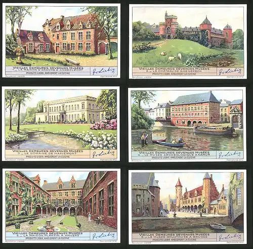 6 Sammelbilder Liebig, Serie Nr.: 1409, Vielleis Demeures Denvenues Musees, Bruges, Anvers, Namur, Mariemont, Anderlecht