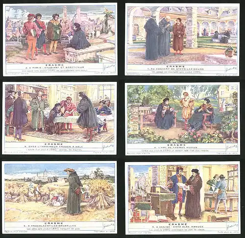 6 Sammelbilder Liebig, Serie Nr.: 1491, Erasme, Venise, Alde Manuce, Anderlecht, Thomas Morus, Paris