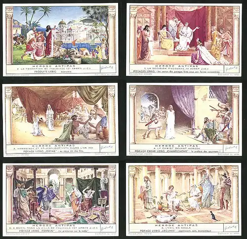 6 Sammelbilder Liebig, Serie Nr.: 1516, Herode Anipas, Gaule, Caligula, St-Jean-Baptiste, Auguste, Tiberiade