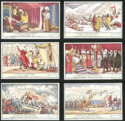 6 Sammelbilder Liebig, Serie Nr.: 1576, Soliman le Magnifique, Vienne, Rhodes, Mustapha, Persan, mort de Soliman