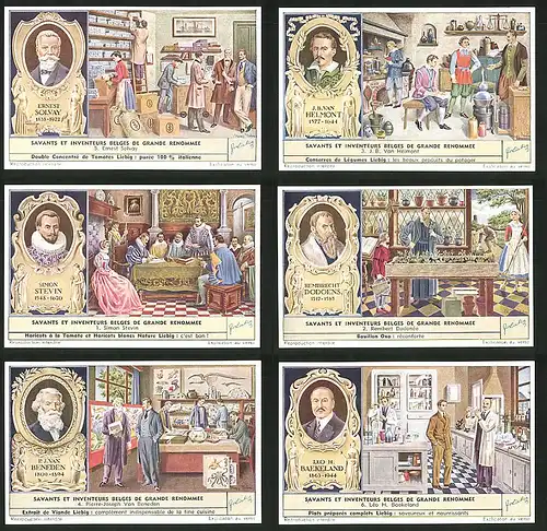 6 Sammelbilder Liebig, Serie Nr.: 1602, Savants et Inventeurs Belges de grande Renommen, Baekeland, Beneden, Dodoens