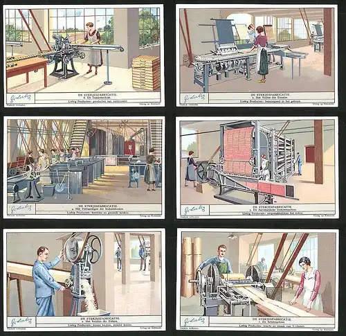 6 Sammelbilder Liebig, Serie Nr.: 1293, de Stekjesfabricatie, Schilmachine, Vullen der Doosjes, Inpakmachine