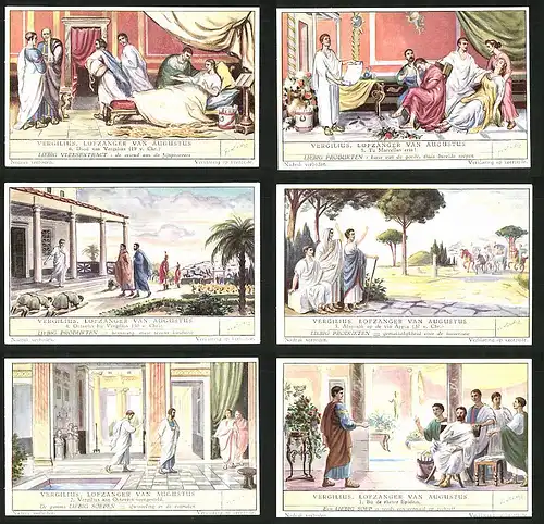 6 Sammelbilder Liebig, Serie Nr.: 1581, Vergilius, Lofzanger van Augustus, Epidius, Octavius, Appia, Marcellus