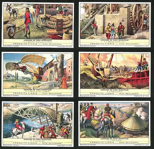 6 Sammelbilder Liebig, Serie Nr.: 1778, Leonard de Vinci Inventeur, Pont tournant, Bateau a roues, Parachute, Odometre