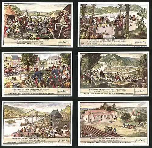 6 Sammelbilder Liebig, Serie Nr.: 1550, L`Histoire de nos Provinces - Namur, Anthee, Dinant, Louis XIV, Philippeville