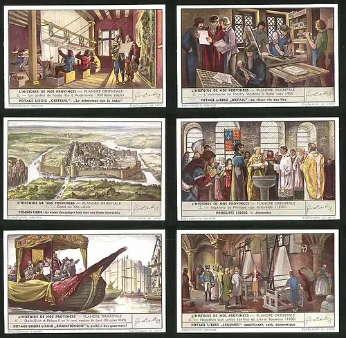 6 Sammelbilder Liebig, Serie Nr.: 1549, L`Histoire de nos Provinces - Flandre Orientale, Lievin Bauwens, Philippe II
