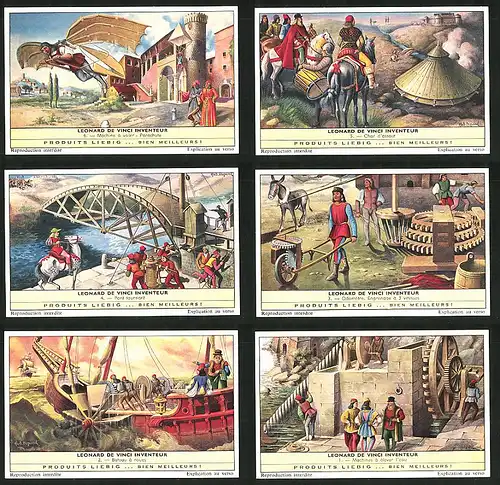 6 Sammelbilder Liebig, Serie Nr.: 1778, Leonard de Vinci Inventeur, Machines elever, Bateau a roues, Odometre, Parachute