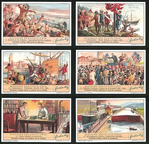 6 Sammelbilder Liebig, Serie Nr.: 1659, Histoire des Etats-Unis, Industriel et Commercial, Guerre Secession, Federalisme