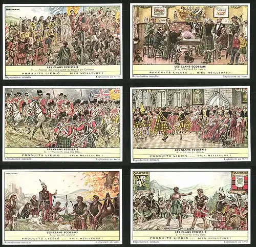 6 Sammelbilder Liebig, Serie Nr.: 1755, Les Clans Ecossais, Clan primitif, Chateau, Regiments, Scotland, Culloden