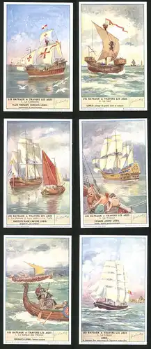 6 Sammelbilder Liebig, Serie Nr.: 1582, Les Bateaux a Travers les Ages, Clipper, barque Vikings, Pinasse, Nef, Caravelle