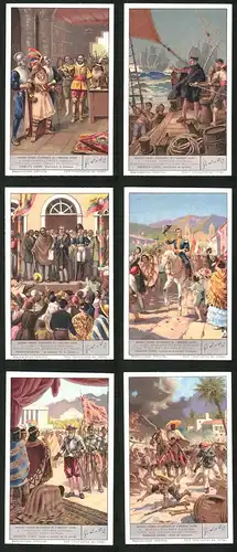 6 Sammelbilder Liebig, Serie Nr.: 1380, Grandes Figures Historiques de l`Amerique-Latin, Carrera, Pizarre, San Martin