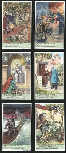 6 Sammelbilder Liebig, Serie Nr.: 1464, Baudouin bras de Fer, Princesse Judith, Surnom, Pape Nicolas I, Forestiers